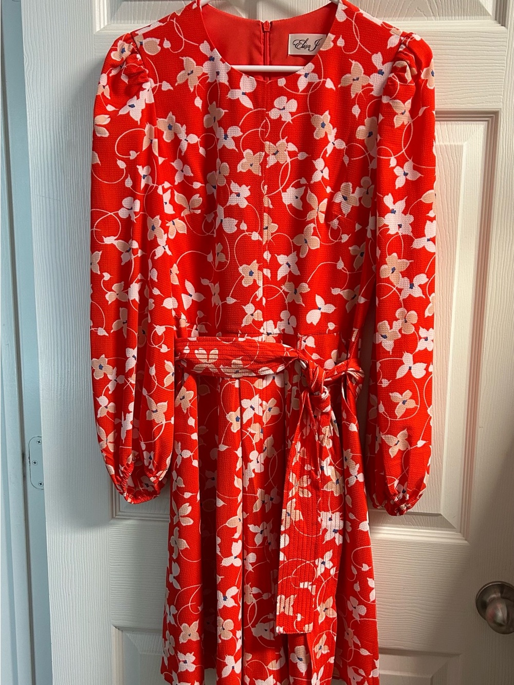 Eliza J Red Floral Long-Sleeve Belted Dress